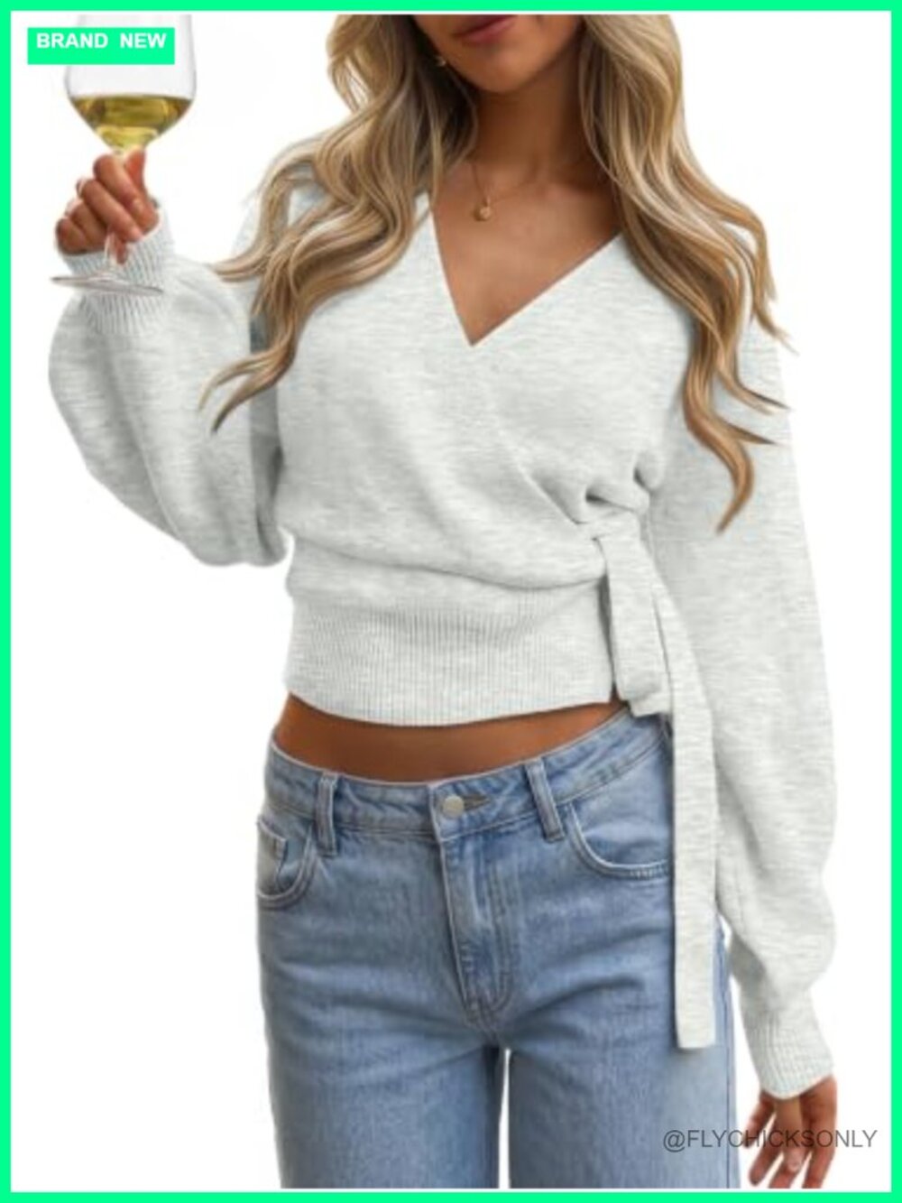 Women's Wrap Cropped Open Front Pullover Sweater Tie Front Knit